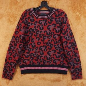 AQUA Sweater Womens Large Red Leopard Pullover Crew Cheetah Knit